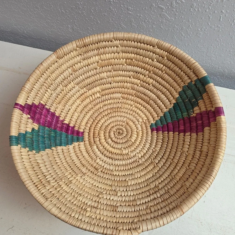 Handcrafted Coil Woven Basket Bowl‎ Southwestern Teal Magenta Geometric Tan